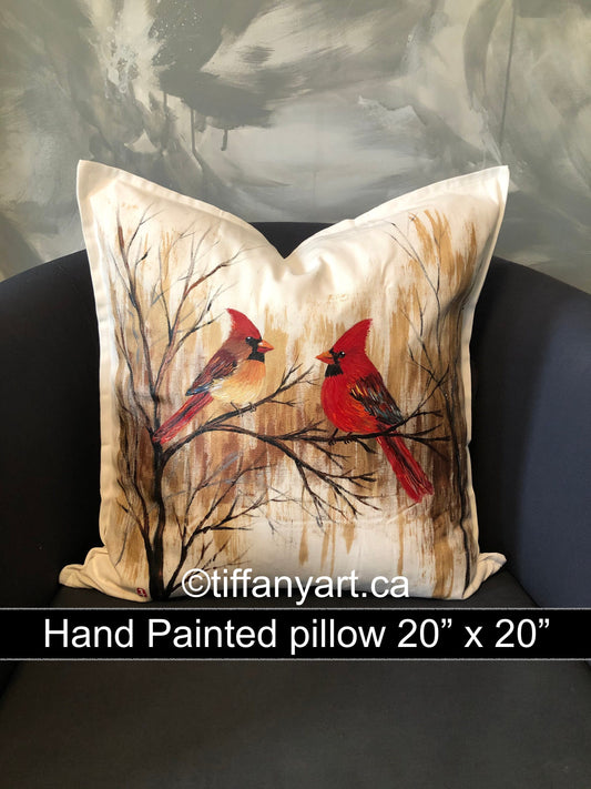 Red Cardinal bird, Hand painted pillow, Cardinal pillow cover, red Cardinal, bird pillow,  love bird pillow, Cardinal gift, Cardinal decor