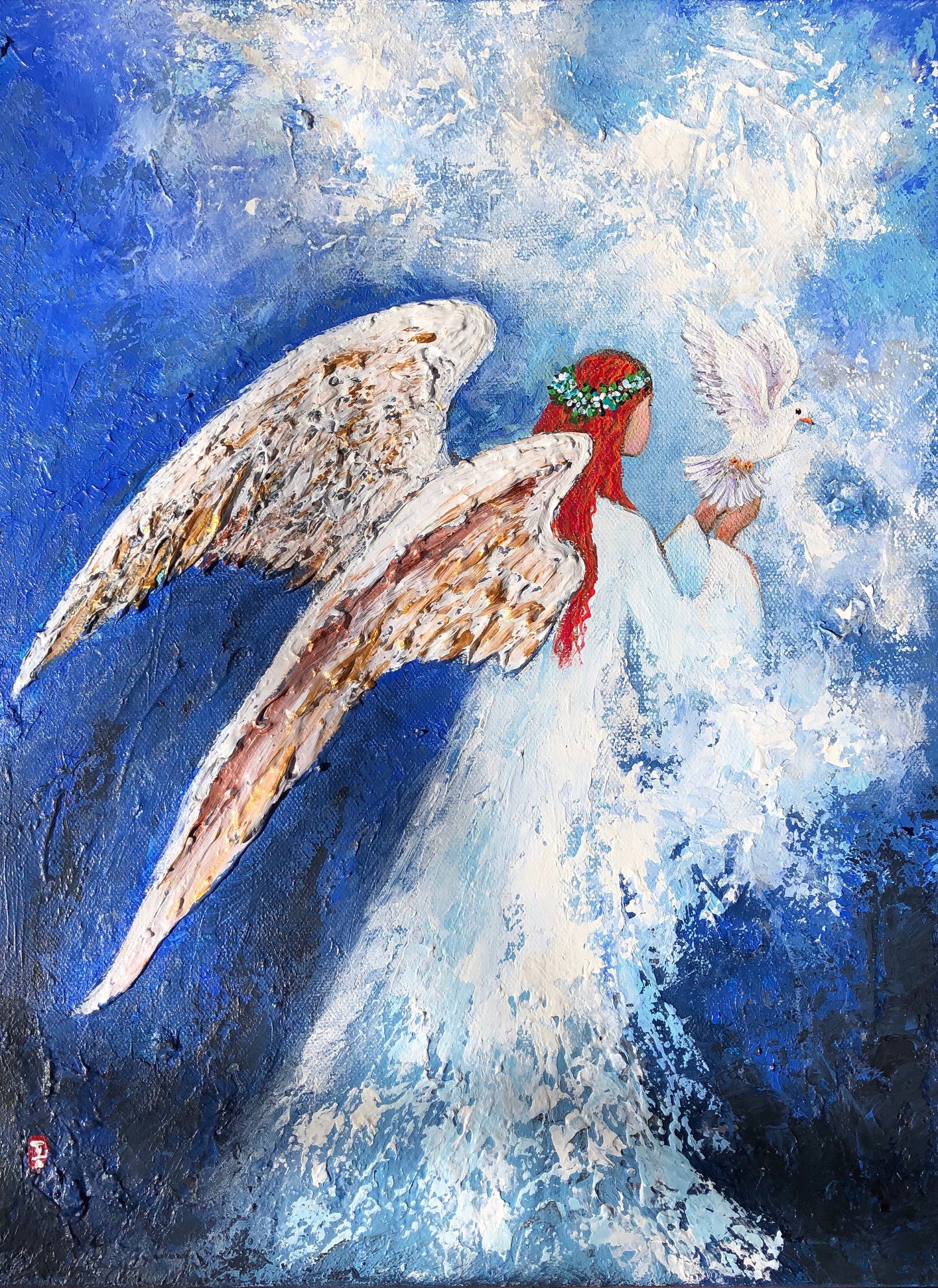 Original Angel and dove painting