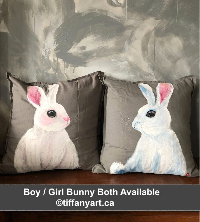 Hand painted bunny pillow cover, Bunny cushion cover, Gift for Mom, Bunny lover gift, Girl room decor, Nursery decor, Nursery bunny pillow