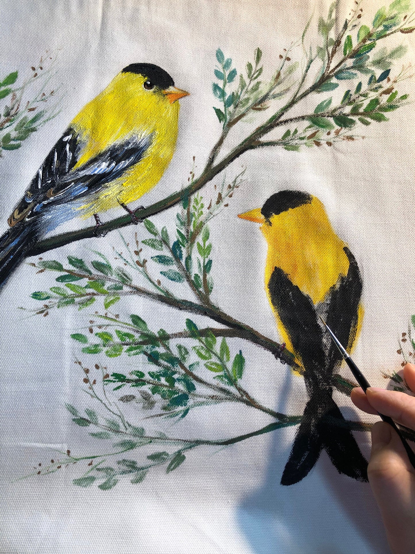 Hand Painted Pillow, Golden finch pillow,Farmhouse Pillows, Bird pillow covers