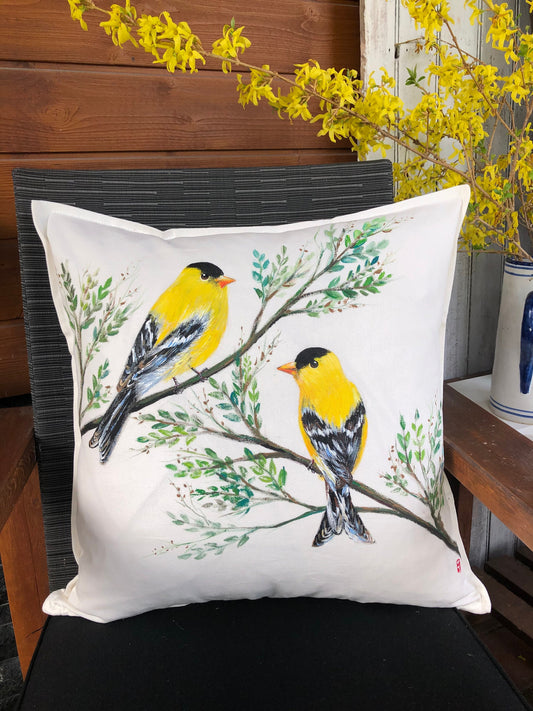 Hand Painted Pillow, Golden finch pillow,Farmhouse Pillows, Bird pillow covers