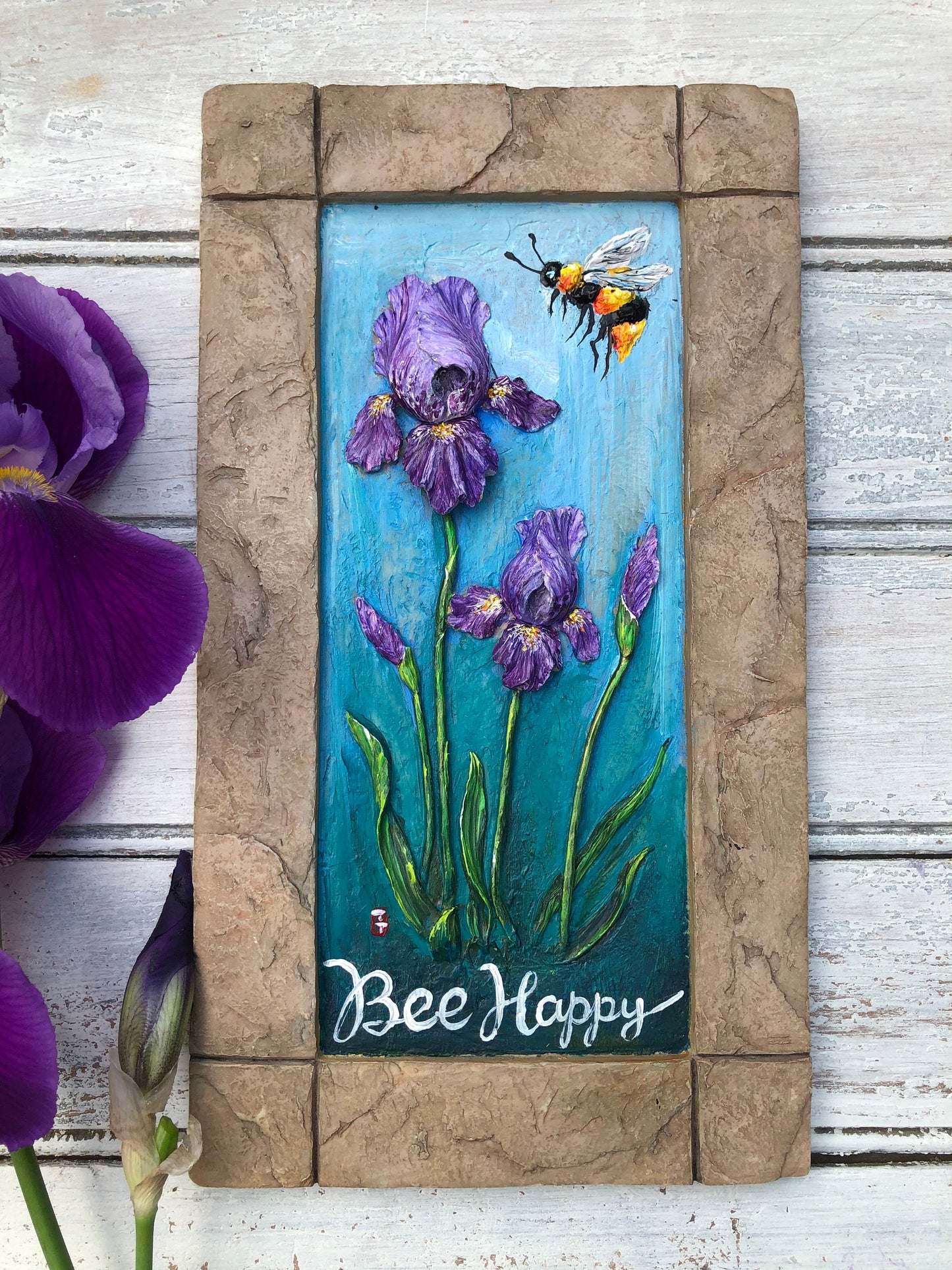 Iris art, Original Iris painting, Bee gift, Bee happy, Flower painting original, Bee painting, Gift for her, Gift for Mom, Birthday gift