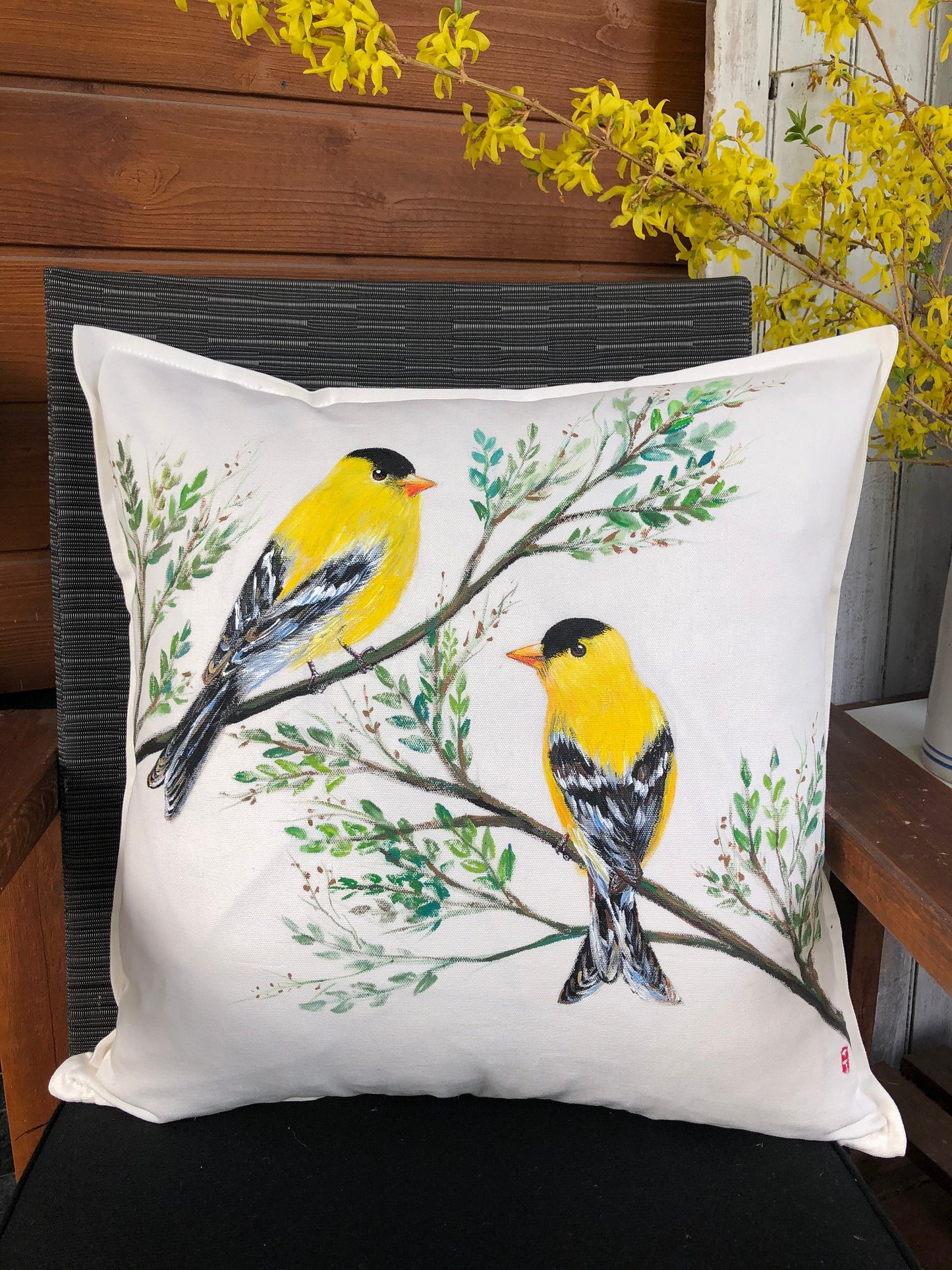 Hand Painted Pillow, Golden finch pillow,Farmhouse Pillows, Bird pillow covers