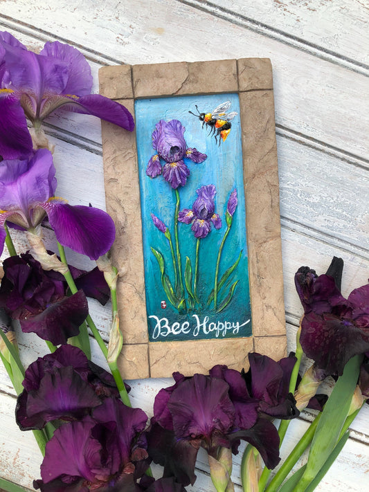 Iris art, Original Iris painting, Bee gift, Bee happy, Flower painting original, Bee painting, Gift for her, Gift for Mom, Birthday gift