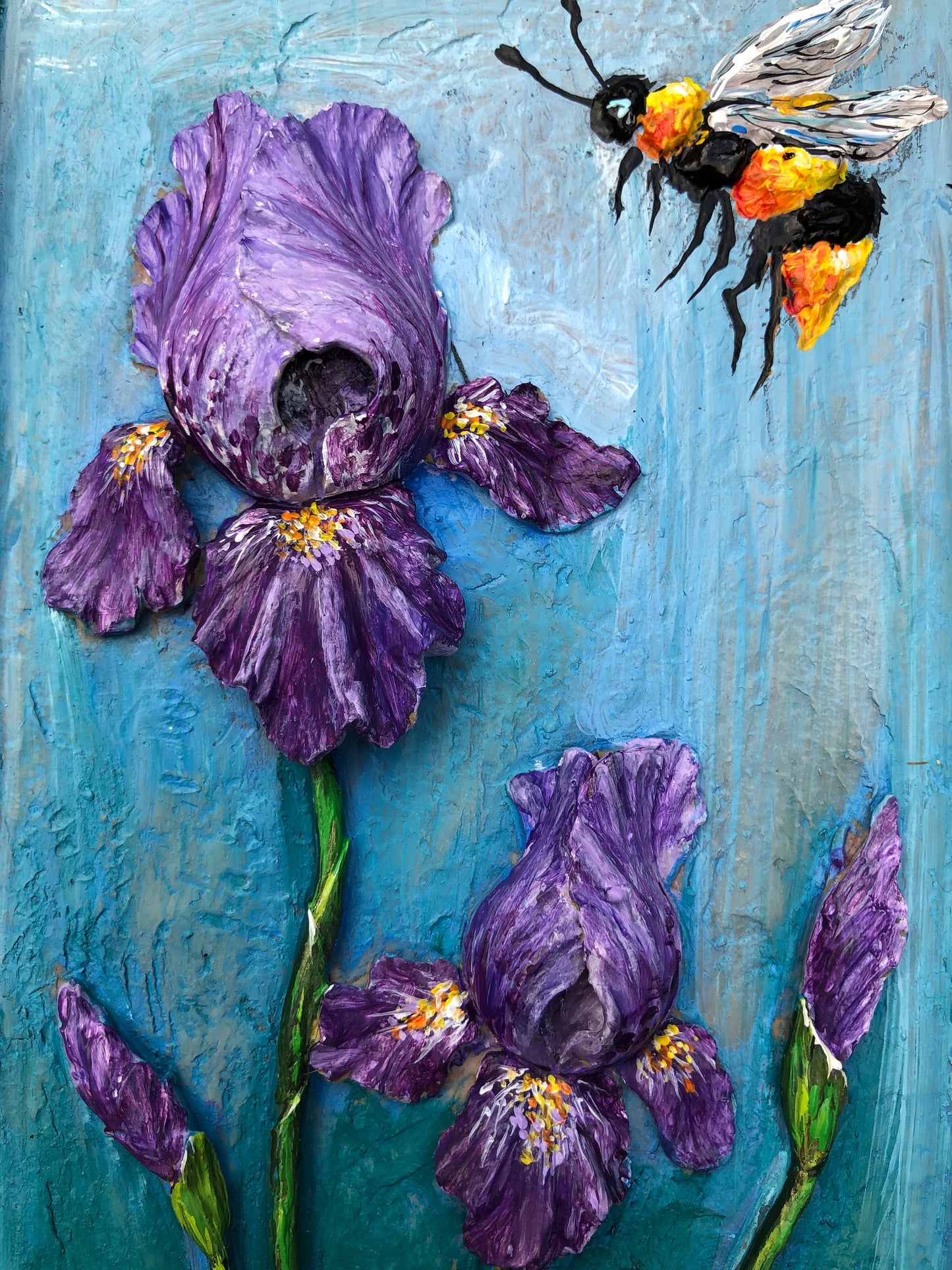 Iris art, Original Iris painting, Bee gift, Bee happy, Flower painting original, Bee painting, Gift for her, Gift for Mom, Birthday gift