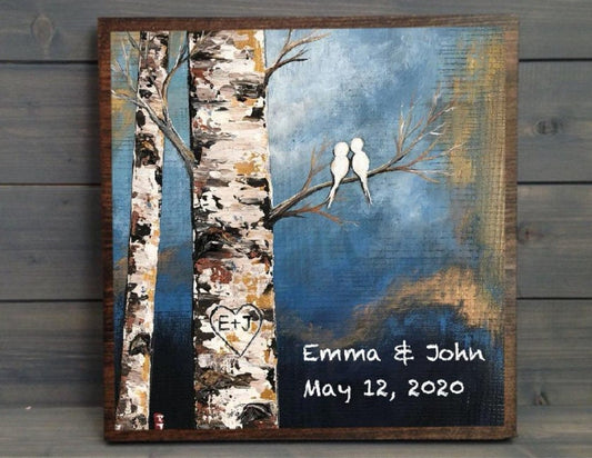 Wedding Gift, Birch Tree & Love Bird Painting on Wood