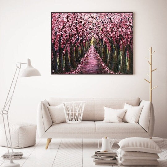 Cherry Tree Blossom Canvas Wall Art, Cherry Tree Original Painting, Pink Tree painting, Pink Art Decor, Spring tree Painting