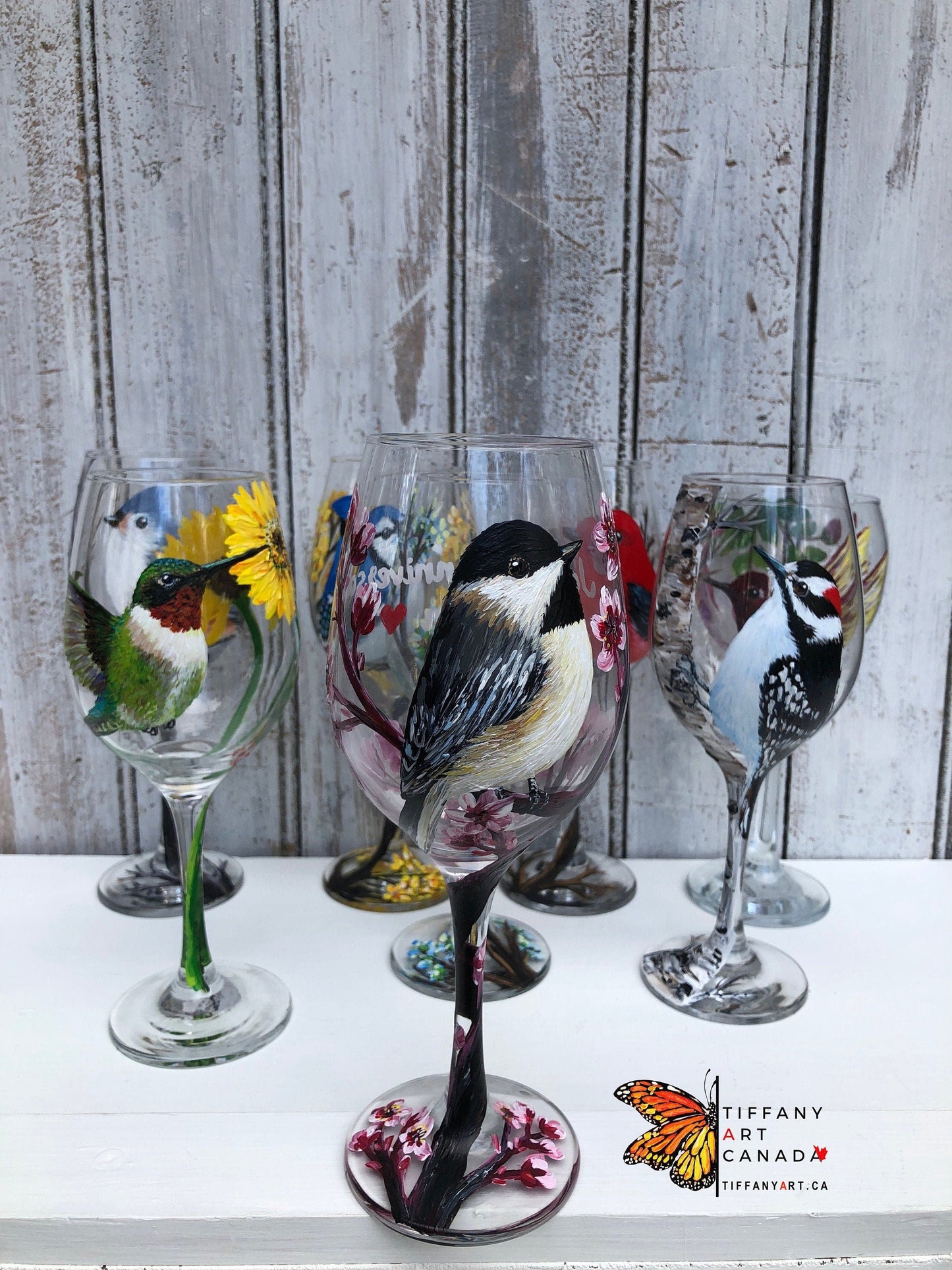 Hand painted Chickadee wine glass