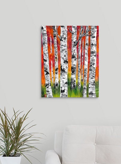 Colorful Birch Tree Forest Painting on Canvas