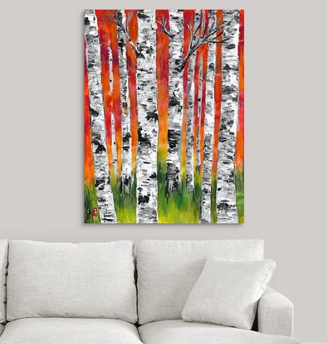 Colorful Birch Tree Forest Painting on Canvas
