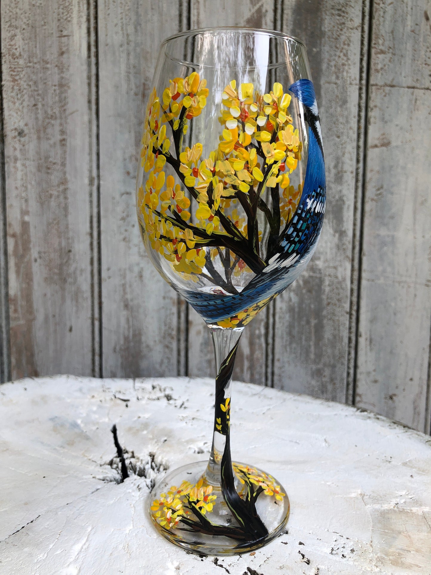 Hand Painted Blue Jay Wine Glass