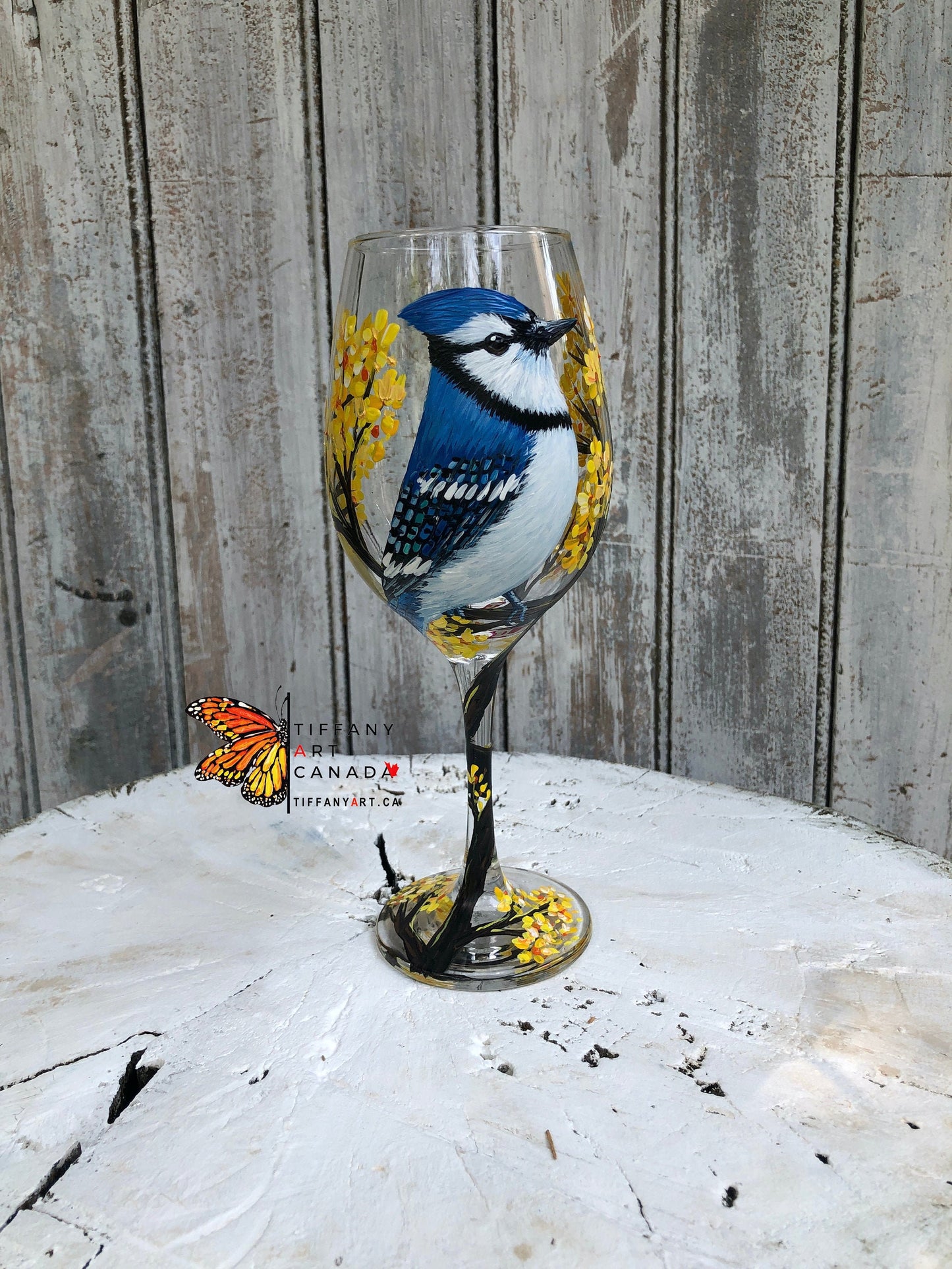 Hand Painted Blue Jay Wine Glass