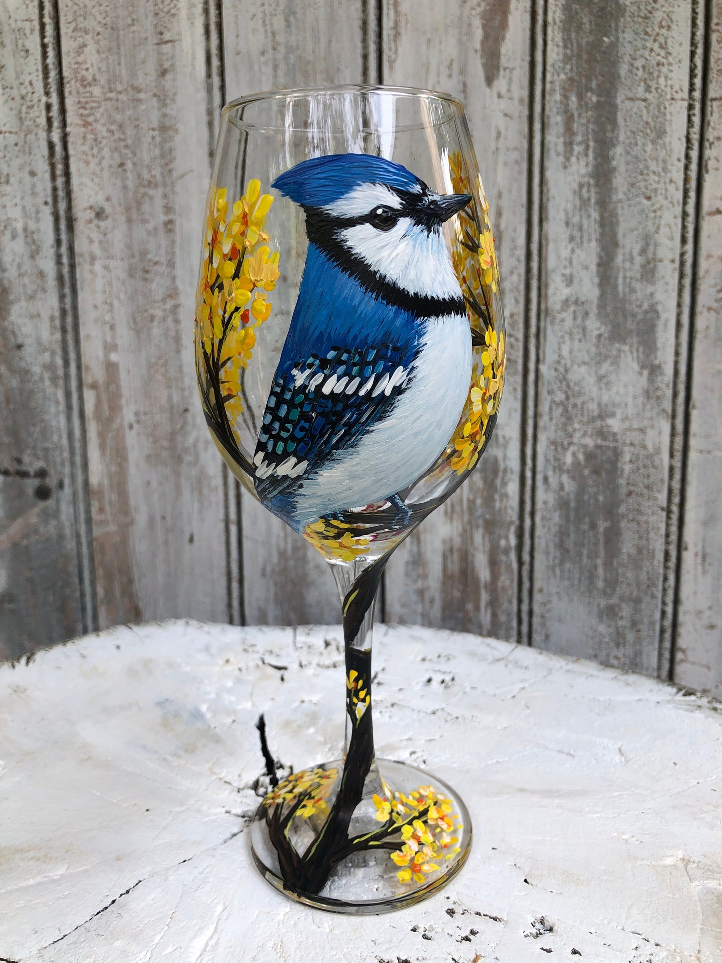 Hand Painted Blue Jay Wine Glass