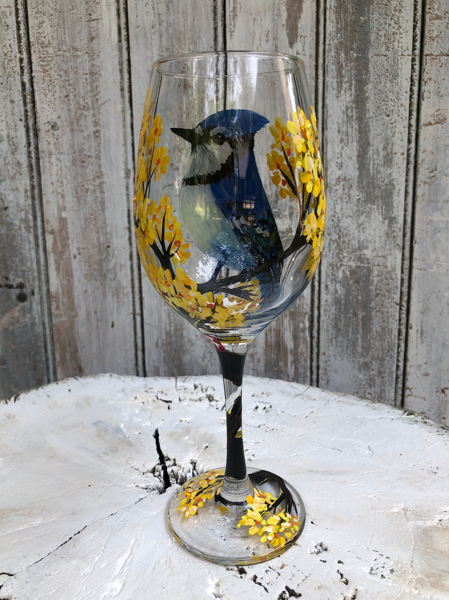 Hand Painted Blue Jay Wine Glass