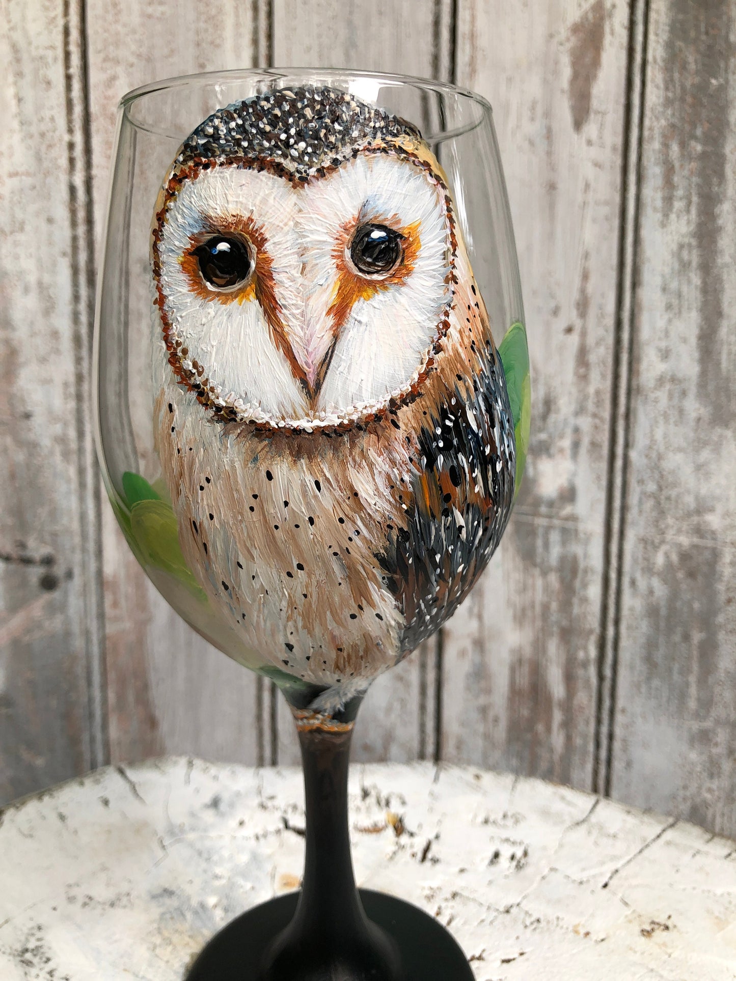 Hand painted Barn Owl wine glass 20oz