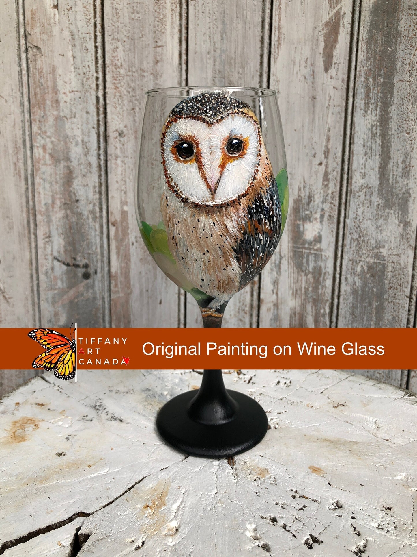 Hand painted Barn Owl wine glass 20oz