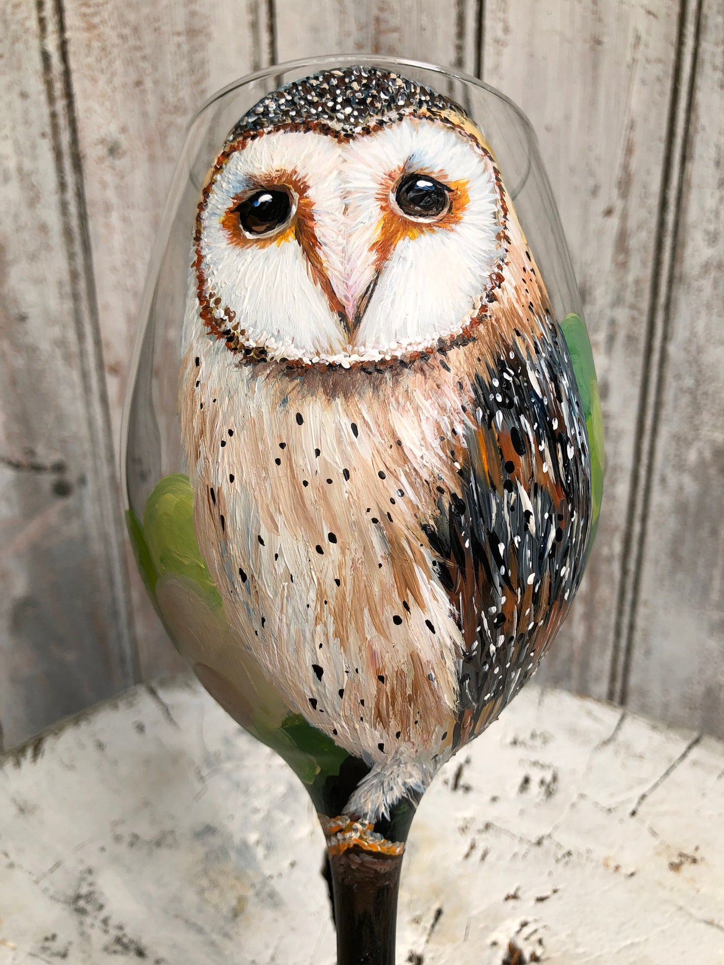 Hand painted Barn Owl wine glass 20oz