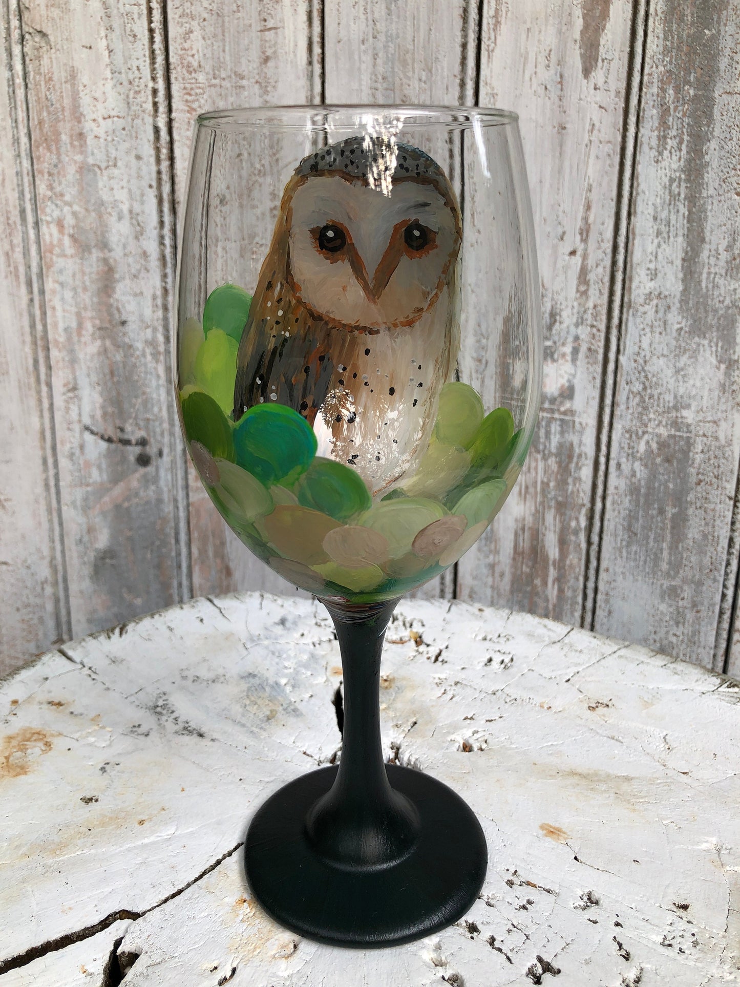 Hand painted Barn Owl wine glass 20oz