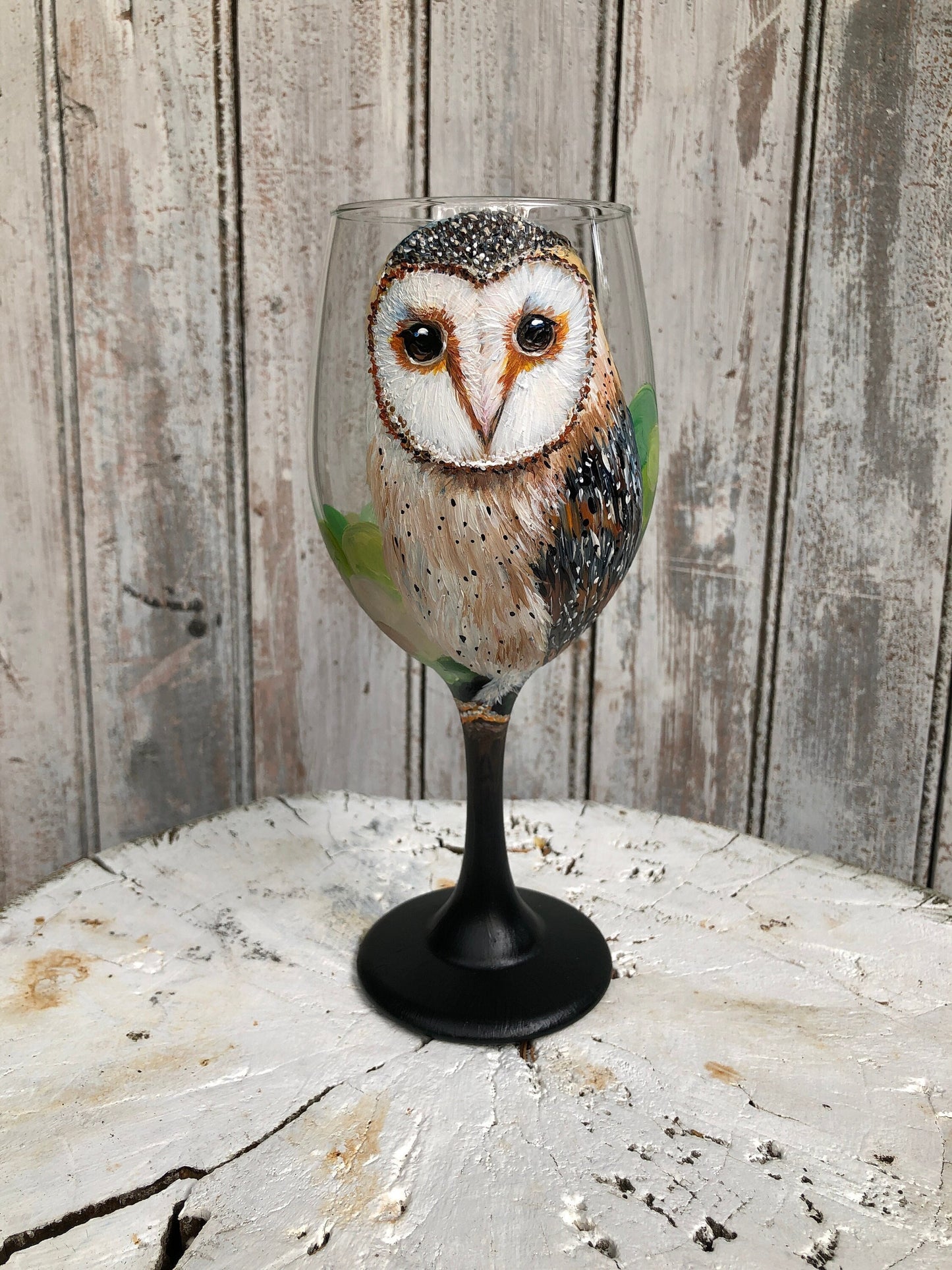 Hand painted Barn Owl wine glass 20oz