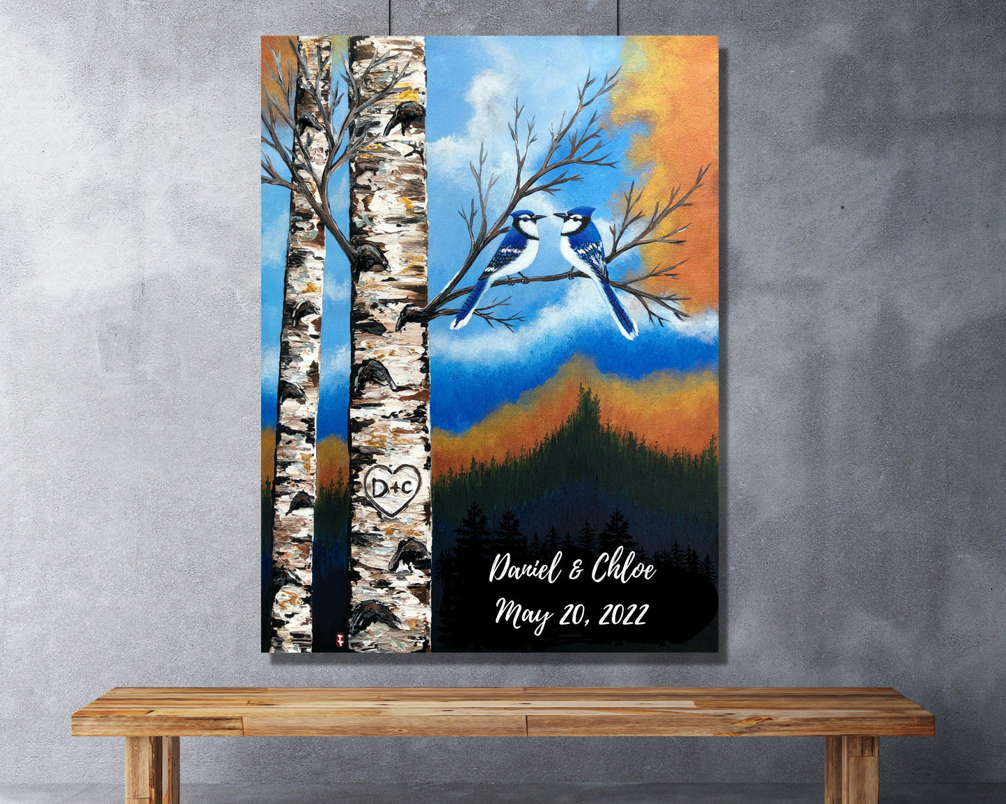 Blue Jay Couple Painting on Canvas, Wedding gift