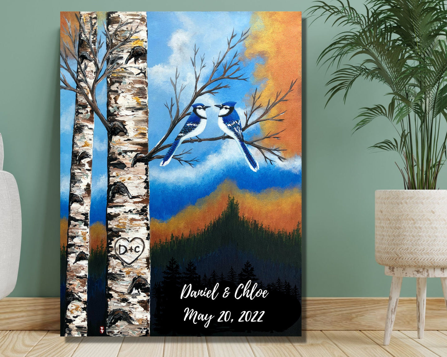 Blue Jay Couple Painting on Canvas, Wedding gift