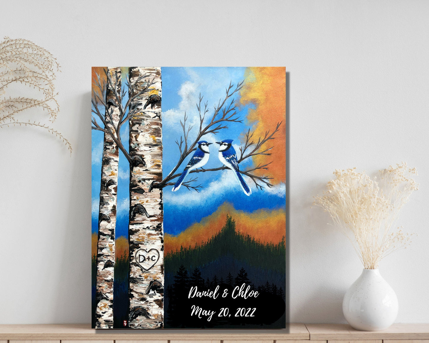 Blue Jay Couple Painting on Canvas, Wedding gift