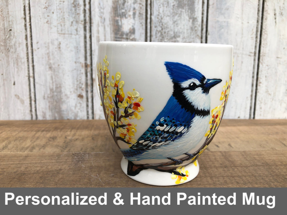Hand Painted Blue Jay Mug, Memorial