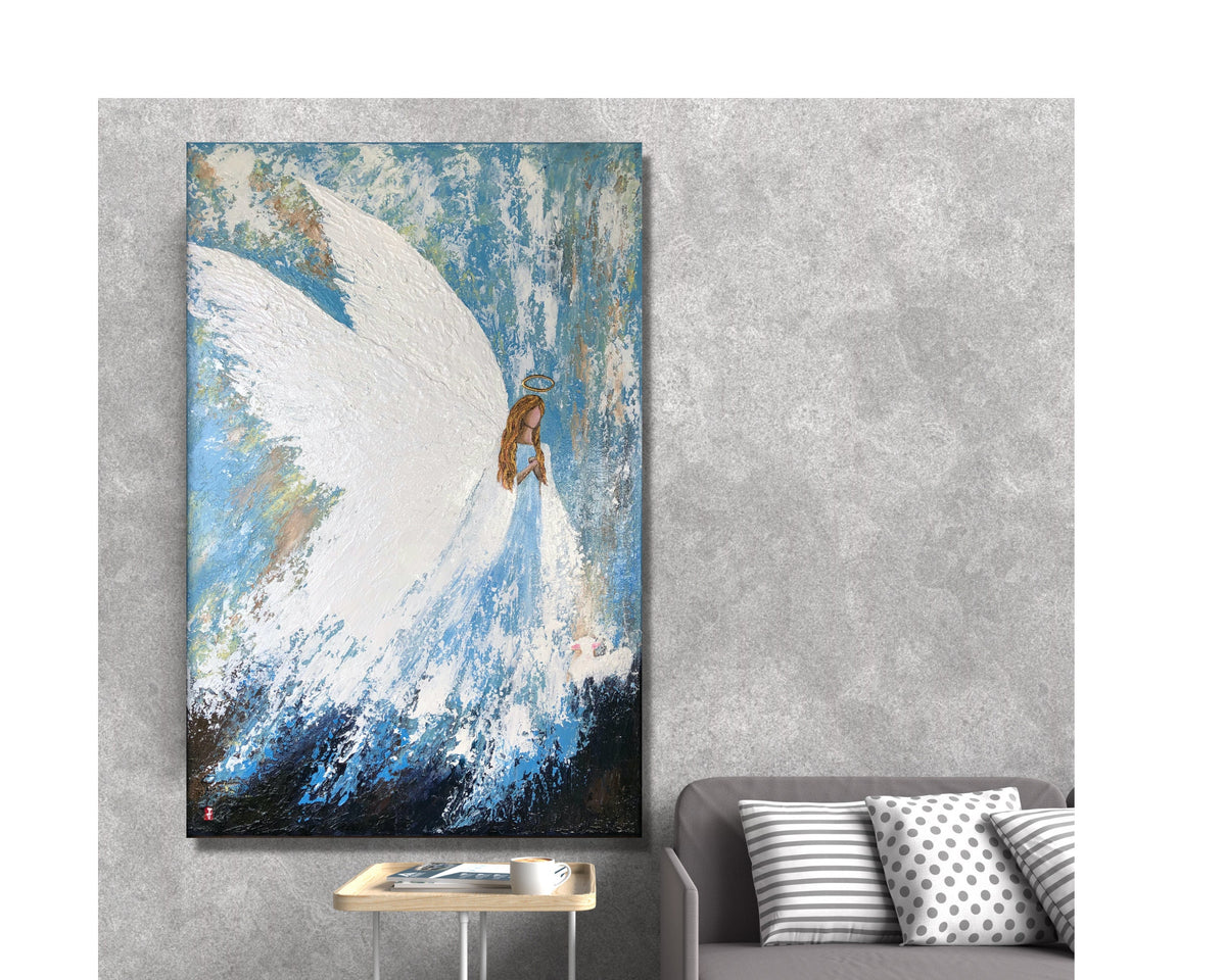 Original Angel and Sheep Painting on Canvas