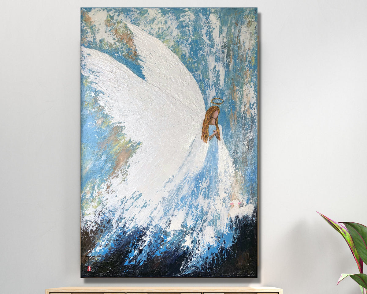 Original Angel and Sheep Painting on Canvas
